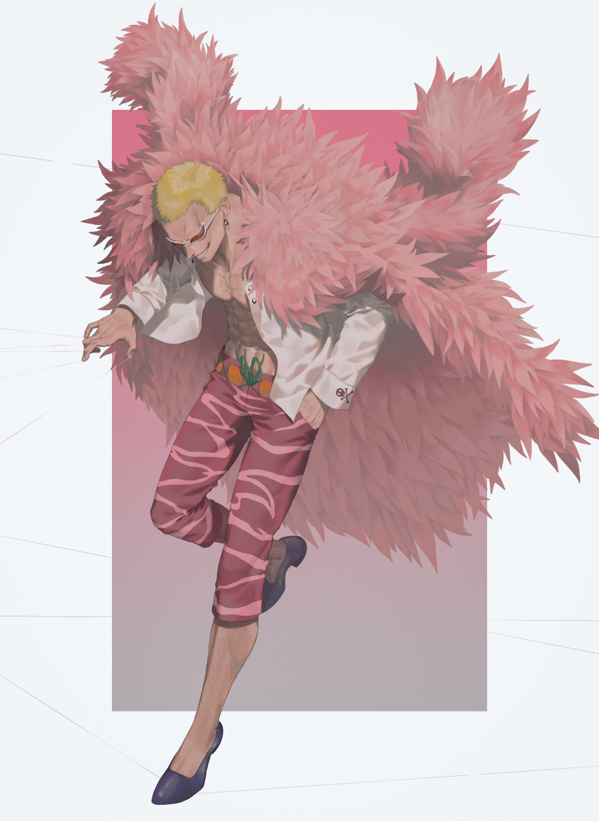 1boy abs absurdres blonde_hair capri_pants coat commentary_request donquixote_doflamingo earrings evil_grin evil_smile feather_coat full_body grin groin hands_in_pocket highres jewelry ksuke_(k-taro31) long_sleeves male_focus muscular muscular_male navel one_piece pants pectorals pink_coat shirt short_hair smile solo sunglasses teeth thread tinted_eyewear veiny_face white_shirt