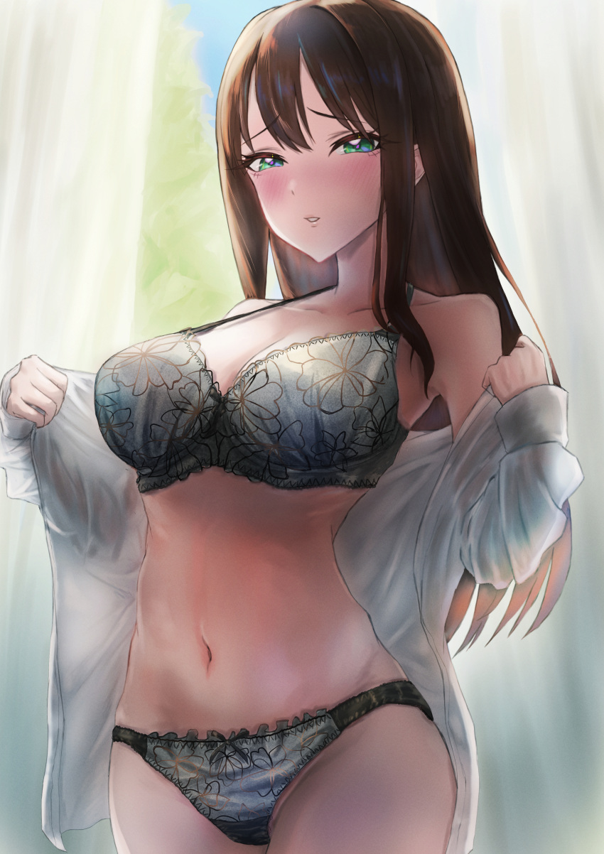 1girl :o absurdres armpits bare_shoulders blush bra breasts brown_hair cleavage clothes_pull collarbone commentary_request cowboy_shot curtains floral_print groin half-closed_eyes highres idolmaster idolmaster_cinderella_girls indoors lace-trimmed_bra lace-trimmed_panties lace_trim lingerie long_hair looking_at_viewer medium_breasts navel off_shoulder open_clothes open_shirt panties ribs shibuya_rin shirt shirt_pull solo stomach straight_hair torishu_(kumataka_4867) underwear undressing white_shirt