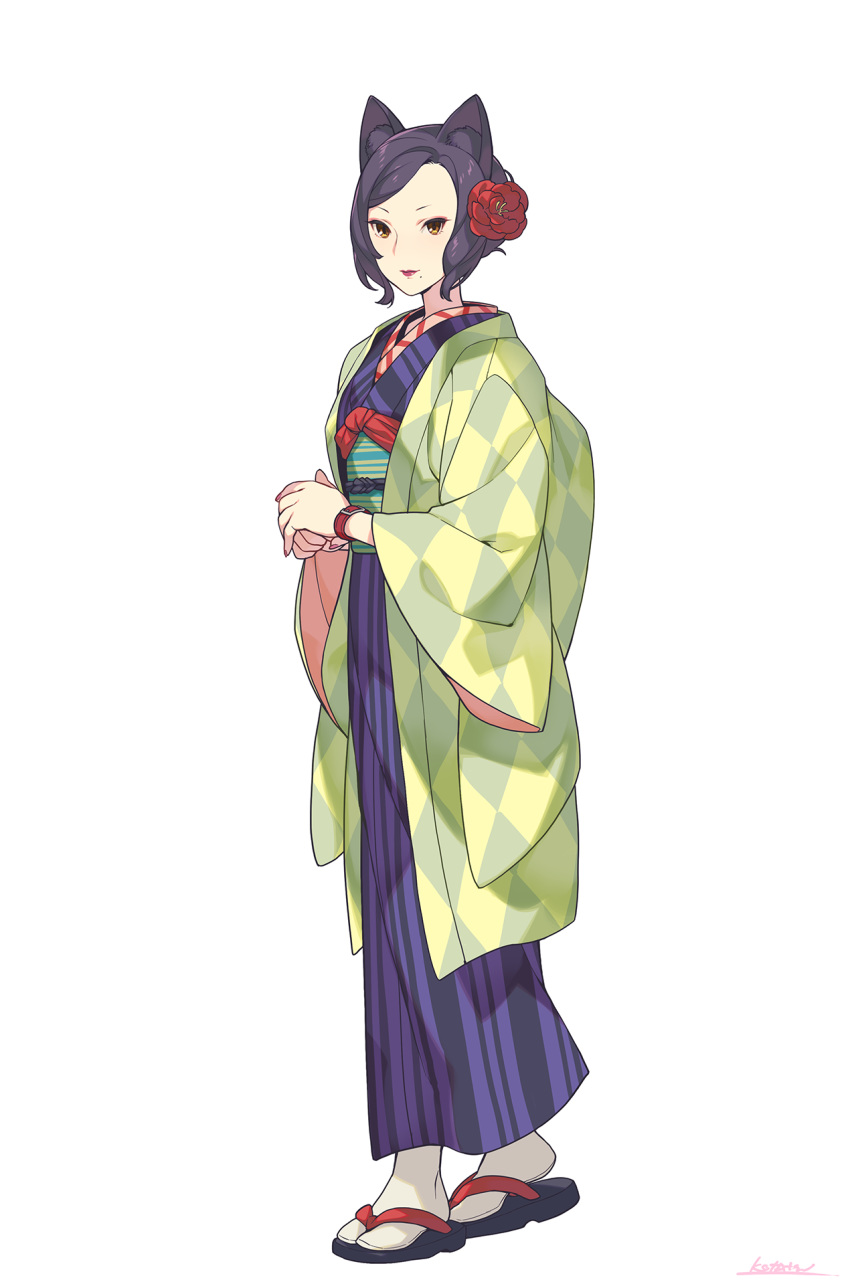 1girl animal_ears brown_eyes cat_ears closed_mouth flower hair_flower hair_ornament haori highres inu_no_sakuya japanese_clothes kimono kotatsu_(g-rough) looking_at_viewer mole mole_under_eye obi purple_hair purple_kimono red_flower sandals sash short_hair signature simple_background smile solo tabi white_background white_legwear wide_sleeves wristband