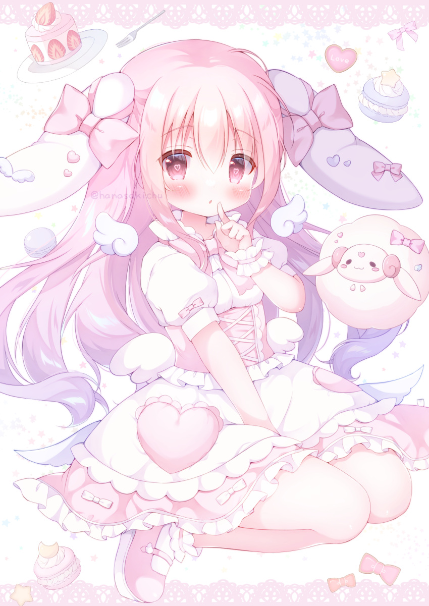 1girl :o animal_ears detached_wings dress full_body hanasaki_chiyu hanasakichu heart heart-shaped_pupils highres indie_virtual_youtuber mini_wings pink_eyes pink_hair rabbit_ears rabbit_girl sheep symbol-shaped_pupils thighs variant_set virtual_youtuber white_dress wings