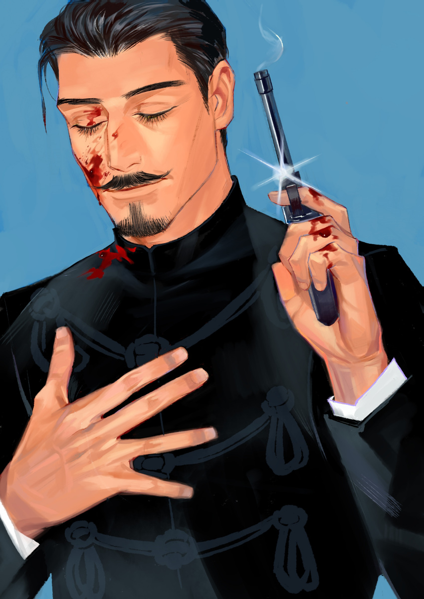 1boy absurdres aged_down black_hair black_jacket blood blood_on_clothes blood_on_face blood_on_hands blood_splatter blue_background chinese_commentary closed_eyes closed_mouth collared_jacket commentary facial_hair finger_on_trigger goatee golden_kamuy gun hair_slicked_back hand_on_own_chest handgun highres holding holding_gun holding_weapon imperial_japanese_army jacket kajibaji long_sleeves male_focus military military_uniform mustache revolver short_hair simple_background smile solo sparkle tsurumi_tokushirou uniform upper_body weapon