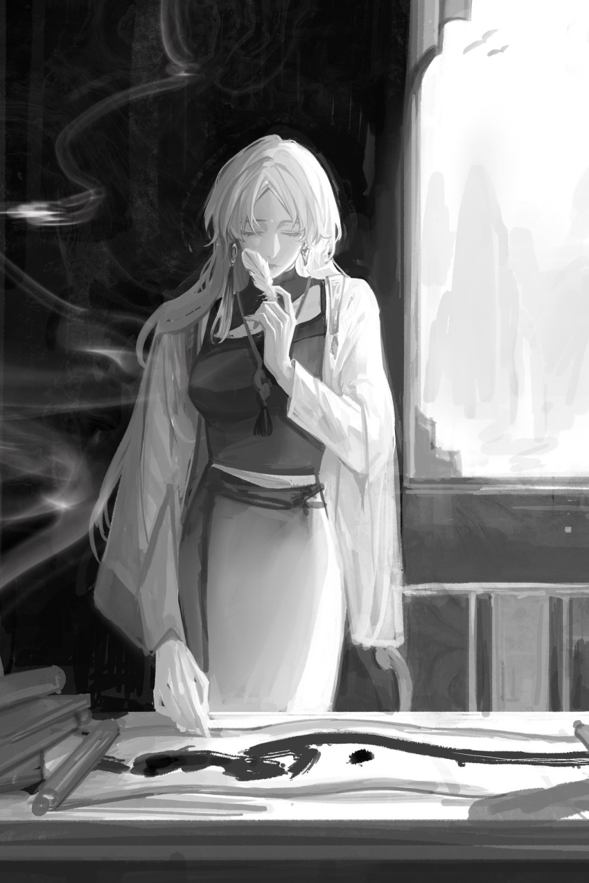 1girl closed_eyes closed_mouth commentary deerwhisky du_ruo_(path_to_nowhere) earrings feathers greyscale highres holding holding_feather indoors jewelry long_hair monochrome necklace painterly painting_(object) path_to_nowhere scroll shirt skirt smoke solo table