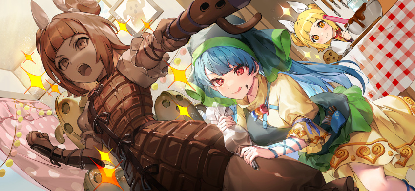 2girls :q apron arm_ribbon blonde_hair blue_hair blue_ribbon blush bowl chisel chocolate closed_mouth curtains dress dutch_angle food food_on_face green_apron green_hat hair_ribbon haniwa_(statue) haniyasushin_keiki hat head_scarf indoors jewelry joutouguu_mayumi long_hair looking_at_another magatama magatama_necklace milk_carton multiple_girls necklace non-web_source official_art orange_eyes pastry_bag peeking_out puffy_short_sleeves puffy_sleeves red_eyes ribbon second-party_source short_hair short_sleeves smile sparkle statue table tongue tongue_out touhou touhou_gensou_eclipse ueo_(ueooo) white_ribbon yellow_dress