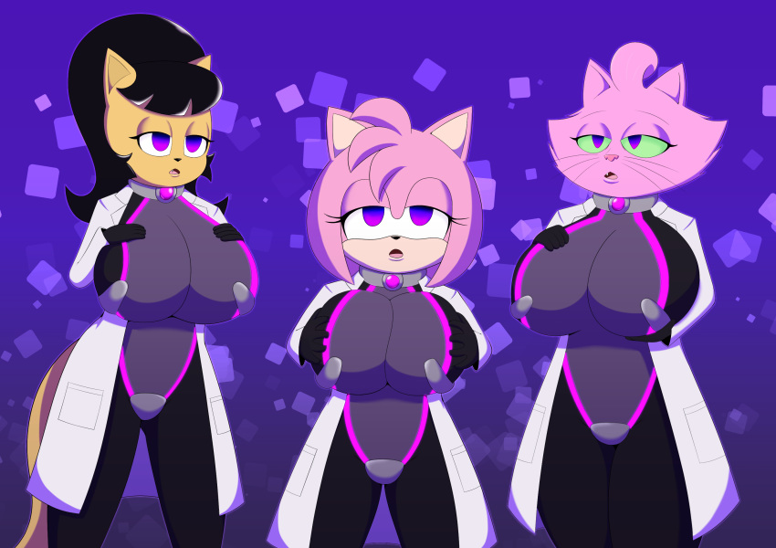 2019 4_fingers alternate_costume amy_rose anthro big_breasts black_hair bodysuit bojack_horseman breasts clothed clothing coat collar domestic_cat dr._chaos eulipotyphlan fangs felid feline felis female fingers fur group hair half-closed_eyes hand_on_breast hedgehog hi_res kitty_katswell lab_coat mammal mind_control narrowed_eyes netflix nickelodeon open_mouth pink_body pink_fur princess_carolyn purple_eyes skinsuit sonic_the_hedgehog_(series) t.u.f.f._puppy tan_body tan_fur tight_clothing topwear whiskers