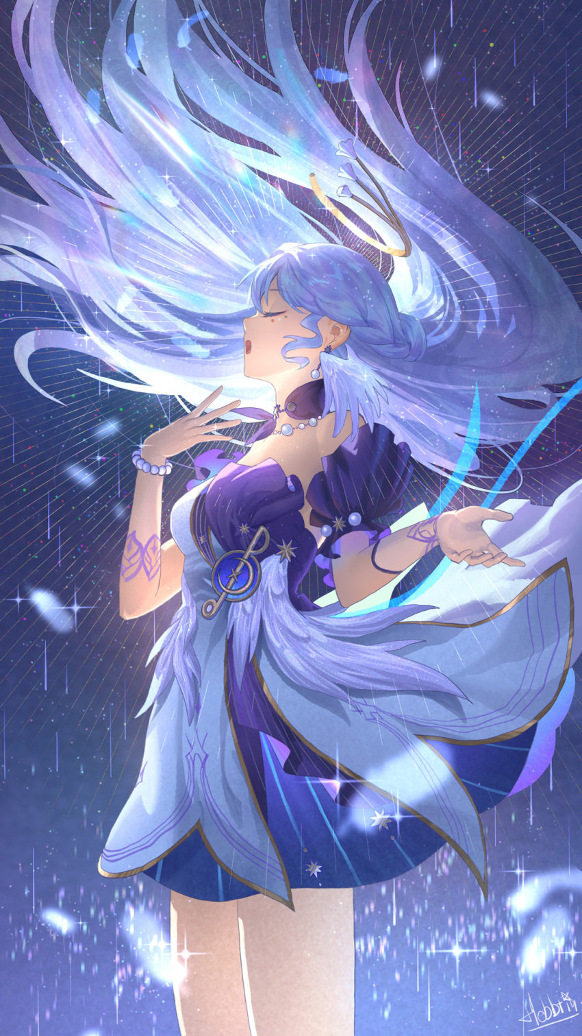 1girl bead_bracelet beads bracelet closed_eyes detached_sleeves dress earrings facing_to_the_side floating_hair from_side gloves halo hand_up head_wings hebbtia highres honkai:_star_rail honkai_(series) jewelry long_hair music open_mouth purple_dress robin_(honkai:_star_rail) short_sleeves singing solo standing two-tone_dress white_dress white_gloves white_wings wings