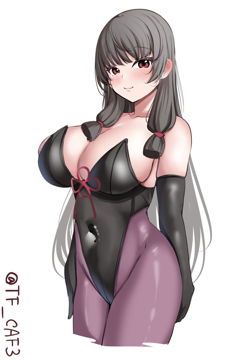 1girl alternate_breast_size alternate_costume black_gloves black_hair black_leotard black_pantyhose blush breasts collarbone cowboy_shot elbow_gloves gloves hair_between_eyes hair_ribbon highres isokaze_(kancolle) kantai_collection large_breasts leotard long_hair looking_at_viewer one-hour_drawing_challenge pantyhose red_eyes ribbon simple_background smile solo strapless strapless_leotard tf_cafe tress_ribbon twitter_username white_background