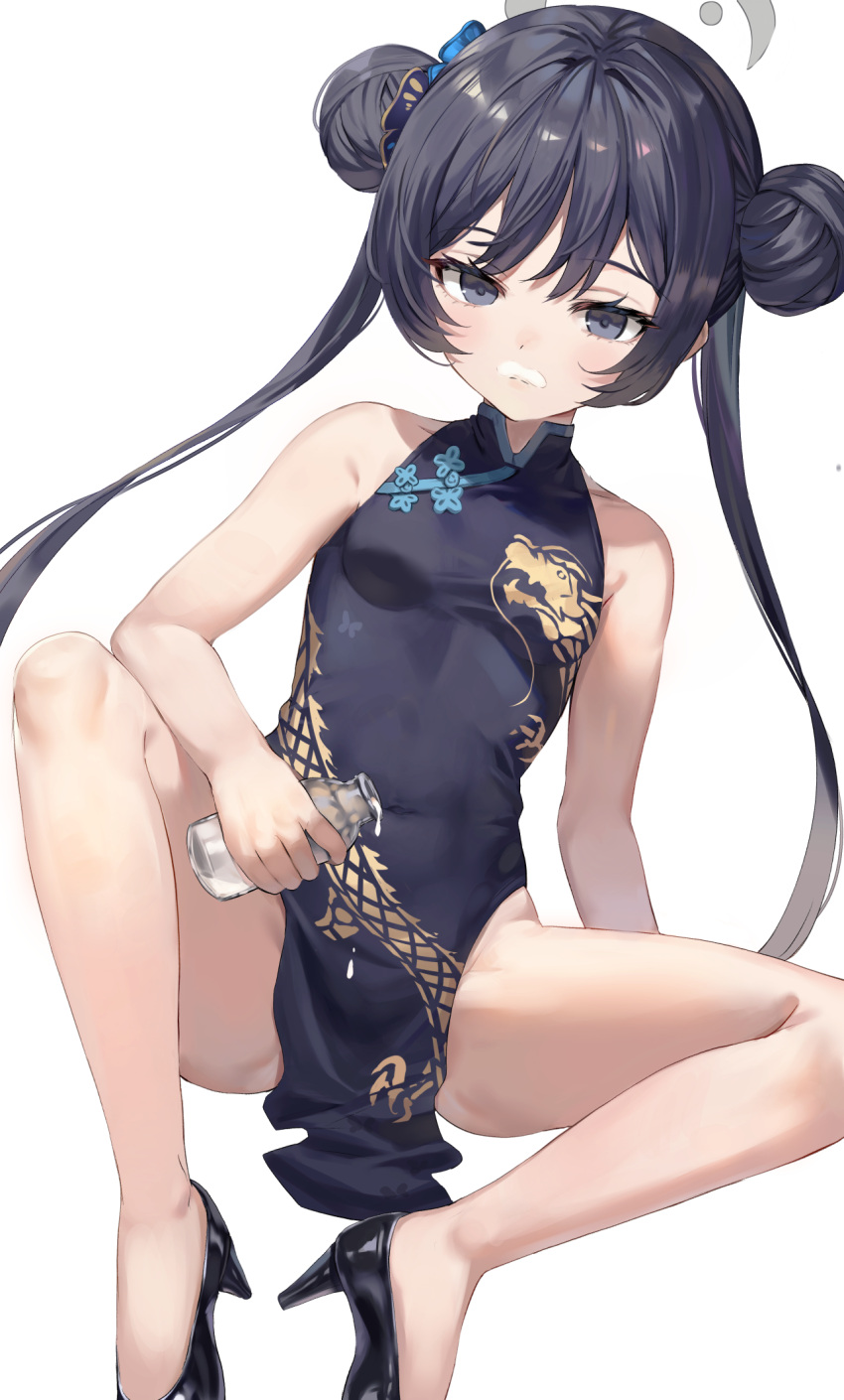 1girl bare_legs black_eyes black_footwear black_hair blue_archive blush bottle breasts butterfly_hair_ornament china_dress chinese_clothes closed_mouth double_bun dragon_print dress hair_bun hair_ornament halo high_heels highres holding holding_bottle kisaki_(blue_archive) legs long_hair looking_at_viewer milk milk_bottle milk_mustache pelvic_curtain rangen side_slit simple_background sitting sleeveless sleeveless_dress small_breasts solo twintails white_background