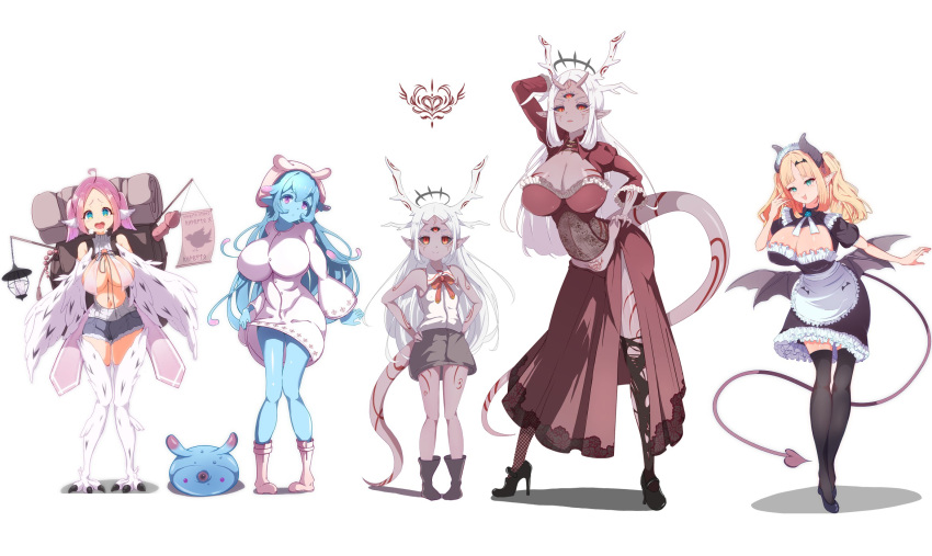 5girls anal_beads backpack backwards_virgin_killer_sweater bag bird_legs black_sclera black_thighhighs blonde_hair blue_eyes blue_hair breasts cleavage cleavage_cutout clothing_cutout colored_sclera commentary_request cutoffs dark-skinned_female dark_skin demon_girl demon_tail denim denim_shorts dildo dress extra_ears feathers full_body green_eyes hair_between_eyes halo harpy heart heart_tattoo highres horns lantern large_breasts long_hair looking_at_viewer maid maid_headdress maruakiho monster_girl multiple_girls navel open_mouth original parted_bangs pink_eyes pink_hair pointy_ears pubic_tattoo red_dress red_eyes sex_toy shirt shorts simple_background sleeveless sleeveless_shirt slime_(creature) slime_girl small_breasts tail talons tattoo thighhighs twintails white_background white_dress white_feathers white_hair white_shirt white_wings winged_arms wings