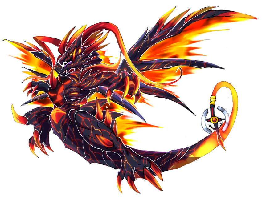 black_skin claws colored_skin commentary digimon digimon_(creature) dragon fiery_wings fire full_body fusion highres koraidon matrixdragonn pokemon pokemon_(creature) simple_background slit_pupils solo spikes volcanicdramon white_background wings yellow_eyes