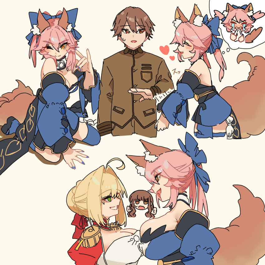 1boy 2girls ahoge animal_ear_fluff animal_ears anmochi_mochi blonde_hair blush bow braid breasts brown_eyes brown_hair fate/extra fate_(series) fox_ears fox_girl fox_tail french_braid green_eyes hair_between_eyes hair_bow hair_bun hair_intakes highres kishinami_hakuno_(female) kishinami_hakuno_(male) large_breasts long_hair looking_at_viewer multiple_girls multiple_views nero_claudius_(fate) nero_claudius_(fate/extra) pink_hair short_hair sidelocks tail tamamo_(fate) tamamo_no_mae_(fate/extra) twintails yellow_eyes