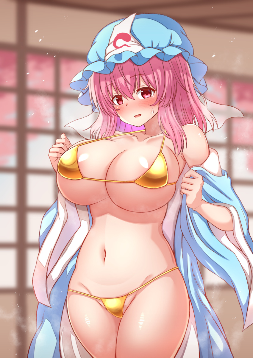 1girl bikini blue_hat blurry blurry_background breasts commentary_request gold_bikini hat highres indoors large_breasts looking_at_viewer medium_hair navel open_clothes pink_eyes pink_hair saigyouji_yuyuko solo swimsuit tksand touhou triangular_headpiece