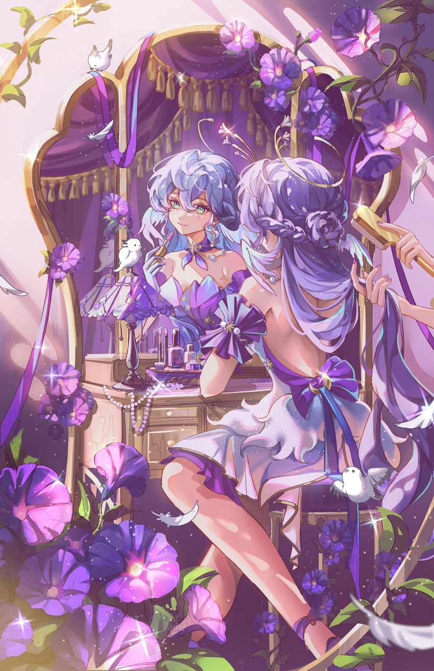 1girl 1other aqua_eyes backless_dress backless_outfit bare_shoulders brushing_another's_hair brushing_hair commentary cosmetics detached_sleeves dress flower highres holding holding_lipstick_tube honkai:_star_rail honkai_(series) jessica_wijaya lipstick_tube mirror purple_flower purple_hair robin_(honkai:_star_rail) short_sleeves sitting solo_focus