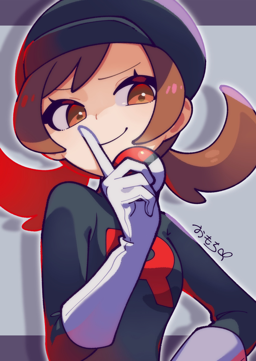 1girl absurdres black_dress black_hat brown_eyes brown_hair dress gloves hat highres holding holding_poke_ball lyra_(pokemon) omochi_(omotimotittona3) poke_ball pokemon pokemon_hgss smile team_rocket team_rocket_uniform twintails white_gloves