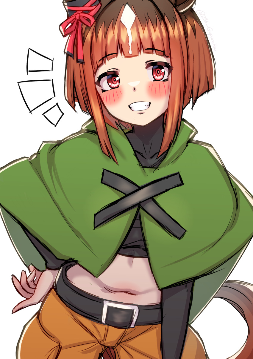 1girl absurdres animal_ears belt black_belt blunt_bangs blush breasts brown_hair cargo_shorts cloak commentary_request cosplay covered_collarbone cowboy_shot crop_top cropped_shirt ear_ornament ear_ribbon gardenia_(pokemon) gardenia_(pokemon)_(cosplay) green_cloak grin gupunetsu hand_on_own_hip highres horse_ears horse_girl horse_tail long_sleeves looking_at_viewer medium_breasts midriff multicolored_hair navel notice_lines orange_shorts pokemon pokemon_dppt red_eyes shirt short_hair short_hair_with_long_locks shorts sidelocks simple_background smile solo standing tail teeth transcend_(umamusume) umamusume white_background white_hair