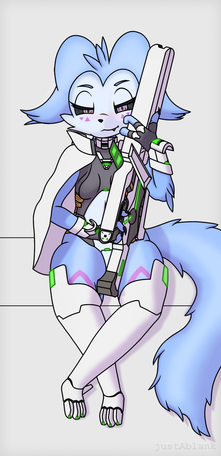 2020 3_fingers 3_toes bandai_namco breasts cannon cassie_links_(vixie00) colored digimon digimon_(species) digital_drawing_(artwork) digital_media_(artwork) feet female fingers fur fur_markings gun hi_res holding_gun holding_object holding_ranged_weapon holding_rifle holding_weapon hybrid impmon justablank looking_at_viewer markings ranged_weapon renamon renimpmon shaded simple_background sitting solo toes weapon