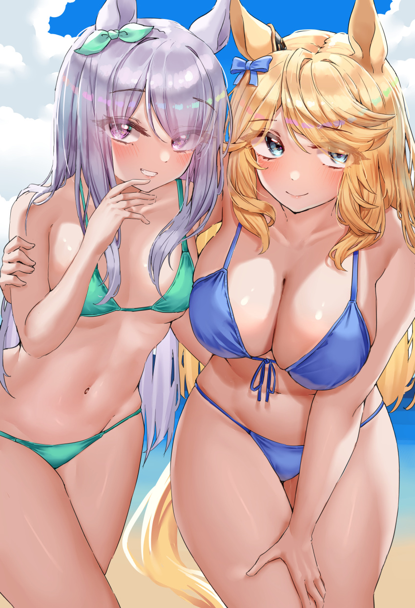 2girls absurdres animal_ears aqua_bikini aqua_bow beach bikini blonde_hair blue_bikini blue_bow blue_eyes blue_sky blurry blurry_background bow breasts cleavage closed_mouth cloud cloudy_sky commentary_request cowboy_shot ear_bow front-tie_bikini_top front-tie_top gold_city_(umamusume) grin highres horse_ears horse_girl horse_tail medium_breasts mejiro_mcqueen_(umamusume) multiple_girls navel ocean outdoors purple_eyes purple_hair sand sky small_breasts smile swimsuit tabunshake tail umamusume