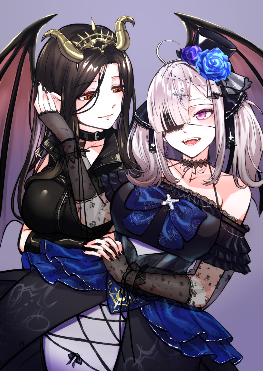 2girls belt black_choker black_corset black_dress black_nails blue_flower blue_rose blush breasts brown_hair choker corset couple cross_hair_ornament demon_girl demon_horns demon_wings dress earrings eyepatch eyepatch_lift flower gothic_lolita grey_hair hair_ornament hair_over_one_eye hat highres holding_hands horns huge_breasts jewelry kafe_1127 lace lace-trimmed_choker lace_choker lace_sleeves lace_trim large_breasts lolita_fashion long_hair mini_hat mini_top_hat mole multiple_girls nail_polish nijisanji open_mouth orange_eyes purple_eyes rose shirayuki_tomoe shirayuki_tomoe_(9th_costume) smile sukoya_kana sukoya_kana_(2nd_costume) top_hat uneven_eyes victorian virtual_youtuber white_hair wings yuri