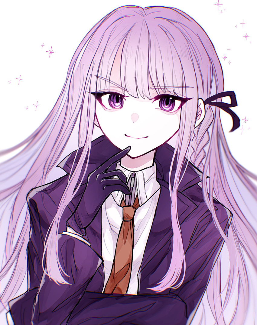 1girl black_ribbon braid closed_mouth collared_shirt danganronpa:_trigger_happy_havoc danganronpa_(series) hair_ribbon hand_up highres jacket kirigiri_kyoko long_hair long_sleeves necktie ni_yomu open_clothes open_jacket orange_necktie pink_hair purple_jacket ribbon shirt side_braid smile solo sparkle upper_body white_background white_shirt