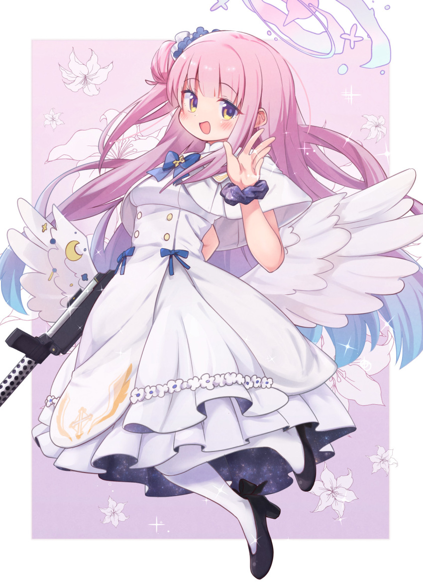 1girl angel_wings black_footwear blue_archive blush breasts capelet dress feathered_wings flower gun hair_bun hair_flower hair_ornament halo high_heels highres long_hair looking_at_viewer medium_breasts mika_(blue_archive) open_mouth pantyhose pink_hair pink_halo purple_flower purple_scrunchie scrunchie seisu single_side_bun smile solo weapon white_capelet white_dress white_pantyhose white_wings wings wrist_scrunchie yellow_eyes