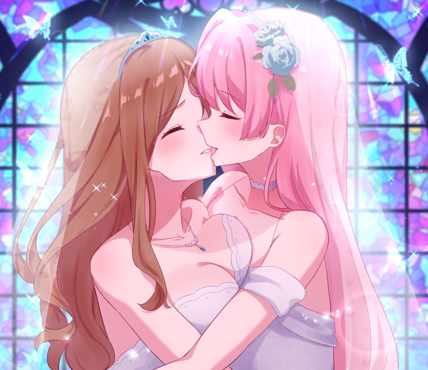 2girls bang_dream! bang_dream!_it's_mygo!!!!! bare_shoulders blush breasts bridal_veil brown_hair bug butterfly chihaya_anon choker cleavage closed_eyes collarbone commentary_request dress flower hair_flower hair_ornament highres hug jewelry large_breasts long_hair meu203 multiple_girls nagasaki_soyo necklace open_mouth pink_hair sidelocks strapless strapless_dress tiara upper_body veil wedding_dress white_choker white_dress wife_and_wife yuri