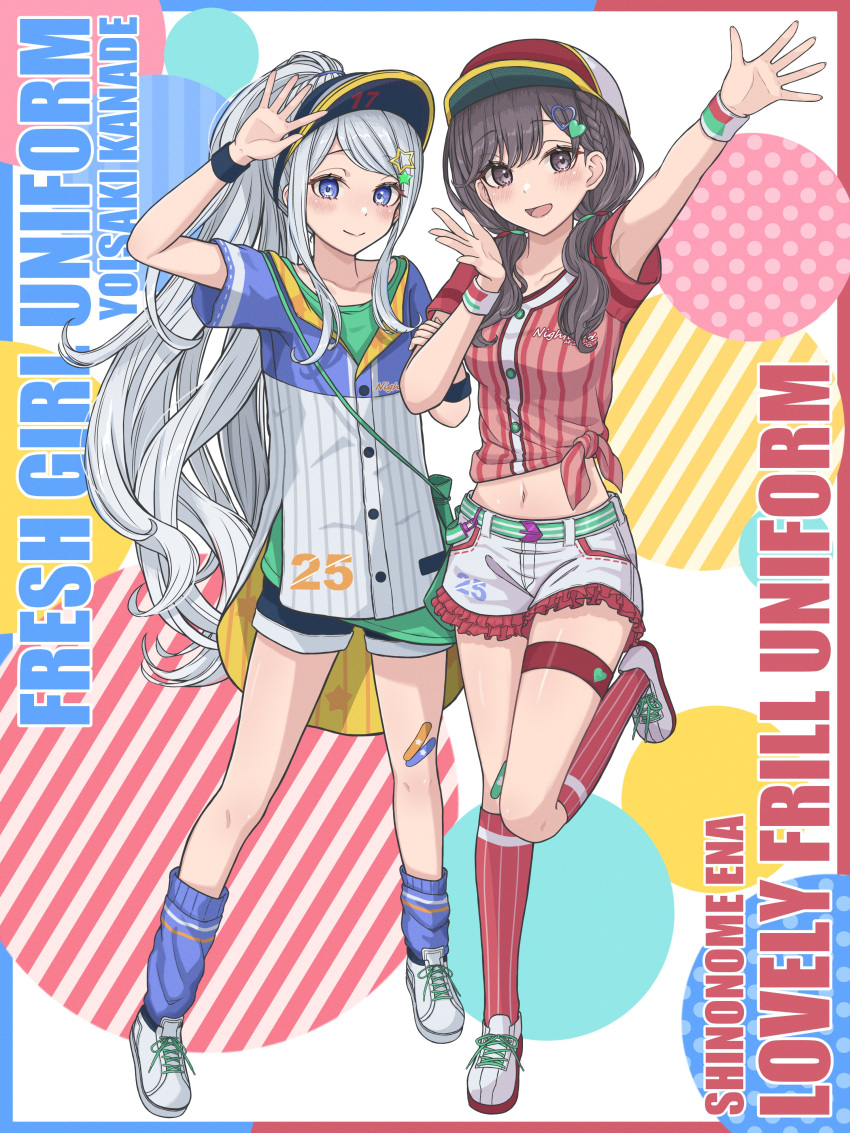 2girls absurdres beret blush breasts flat_chest full_body hair_ornament hat highres hinato1710 long_hair looking_at_viewer medium_breasts multiple_girls navel open_mouth ponytail project_sekai purple_eyes shinonome_ena shoes short_sleeves shorts sidelocks smile sneakers standing standing_on_one_leg yoisaki_kanade