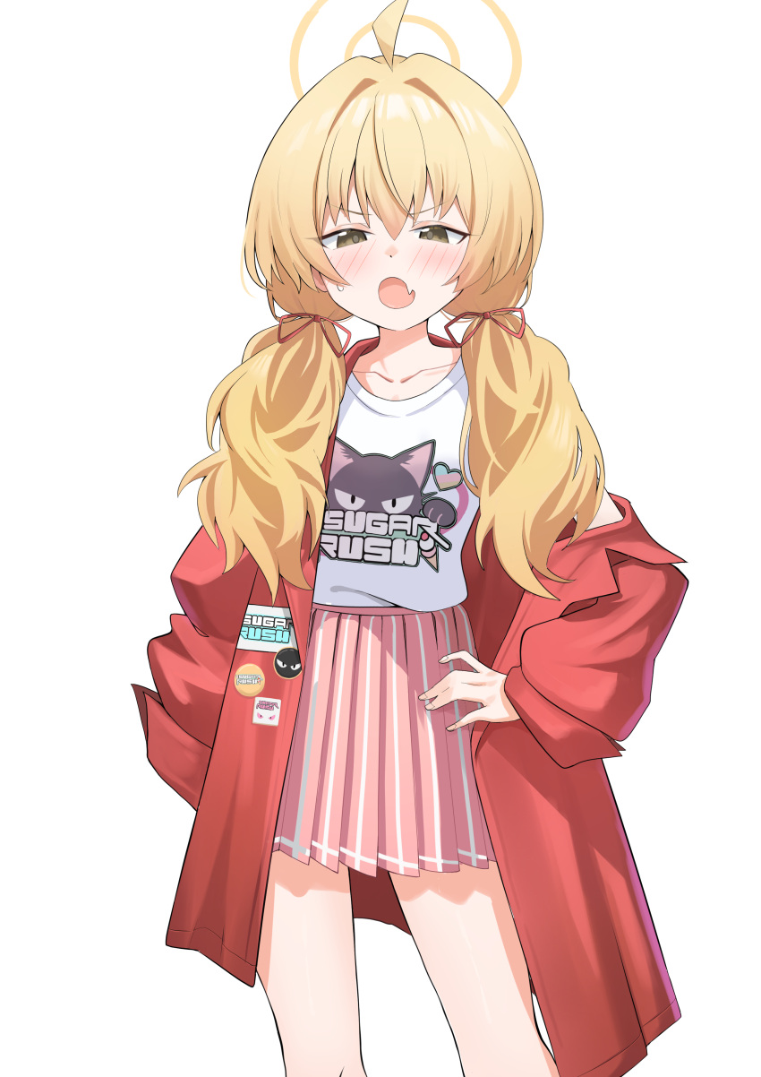 1girl absurdres ahoge blonde_hair blue_archive blush collarbone fang feet_out_of_frame hair_between_eyes halo highres jacket long_hair long_sleeves looking_at_viewer low_twintails official_alternate_costume olecafe2 pink_skirt pleated_skirt red_jacket shirt simple_background skin_fang skirt solo twintails white_background white_shirt yellow_eyes yellow_halo yoshimi_(band)_(blue_archive) yoshimi_(blue_archive)