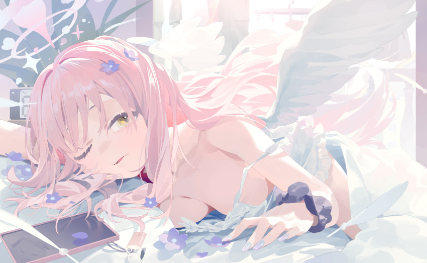 1girl angel_wings black_scrunchie blue_archive breasts camisole cellphone clock digital_clock feathered_wings flower halo highres indoors large_breasts long_hair looking_at_viewer mika_(blue_archive) omurice_(304975636) one_eye_closed open_mouth phone pink_hair pink_halo purple_flower scrunchie smartphone solo white_camisole white_wings wings wrist_scrunchie yellow_eyes