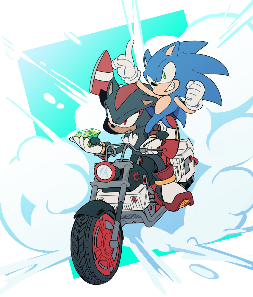 2boys absurdres chaos_emerald clenched_hand full_body furry furry_male gem gloves green_eyes highres holding holding_gem male_focus motor_vehicle motorcycle multiple_boys red_eyes red_footwear shadow_the_hedgehog shadow_the_hedgehog_(game) smirk sonic_(series) sonic_the_hedgehog teeth unneul white_gloves