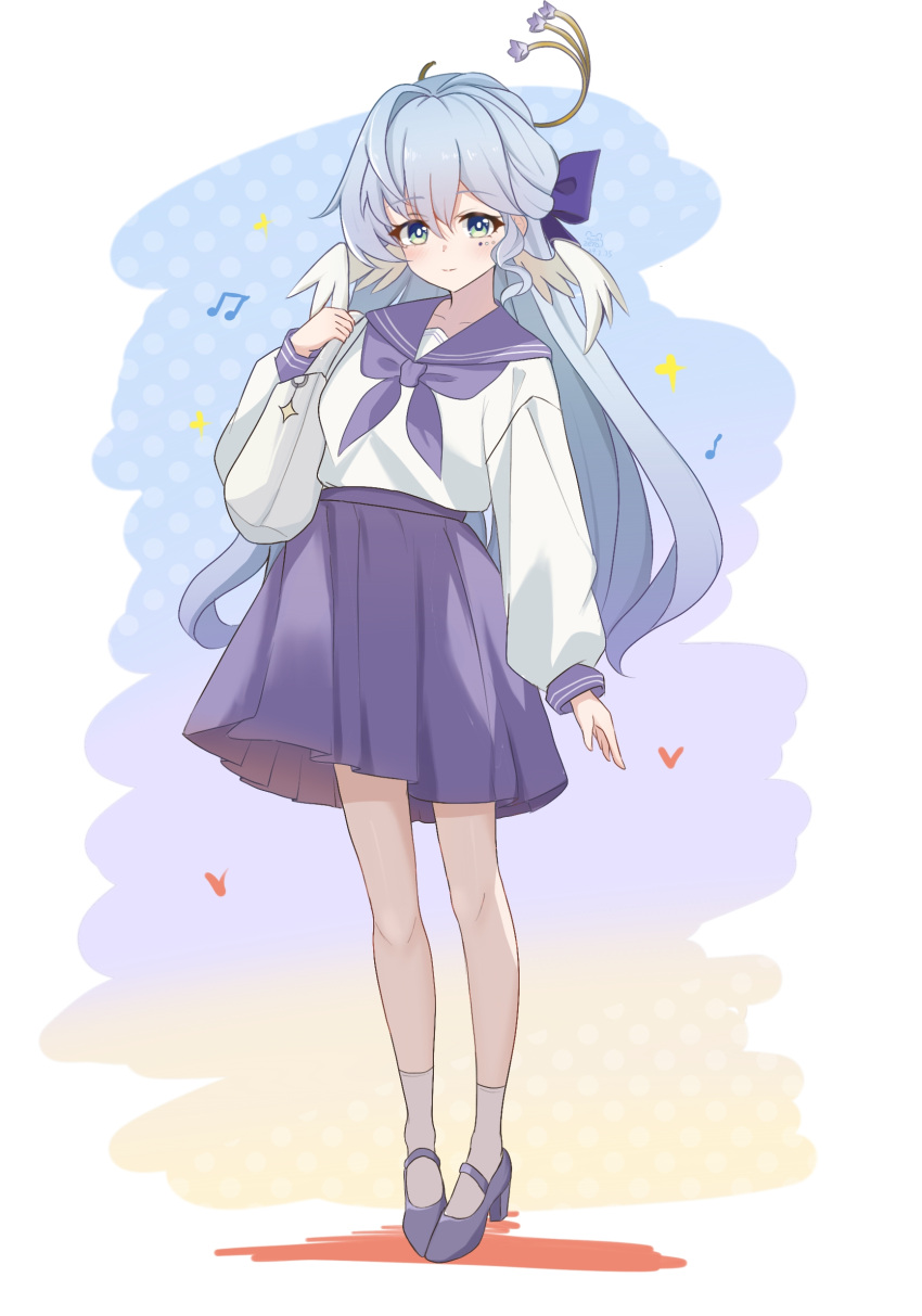 1girl absurdres alternate_costume aqua_eyes bag bow closed_mouth collared_shirt face_jewel full_body hair_bow halo head_wings high_heels highres honkai:_star_rail honkai_(series) long_hair long_sleeves looking_at_viewer musical_note navel purple_bow purple_footwear purple_sailor_collar purple_skirt robin_(honkai:_star_rail) sailor_collar school_bag school_uniform shirt simple_background skirt smile socks solo standing white_bag white_shirt white_socks white_wings wings zerosama_(sailuojiang)