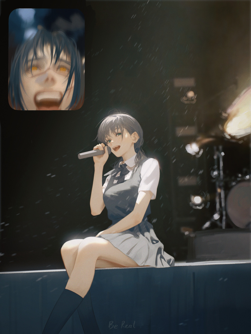 2girls :o absurdres black_dress black_hair black_socks chainsaw_man chinese_commentary commentary_request dress fan_screaming_at_madison_beer_(meme) feet_out_of_frame highres holding holding_microphone inset kneehighs looking_at_viewer meme microphone mitaka_asa multiple_girls music pinafore_dress ringed_eyes scar scar_on_face school_uniform screaming shirt short_sleeves singing sitting sleeveless sleeveless_dress socks twintails white_shirt yao_liao_wang yoru_(chainsaw_man)