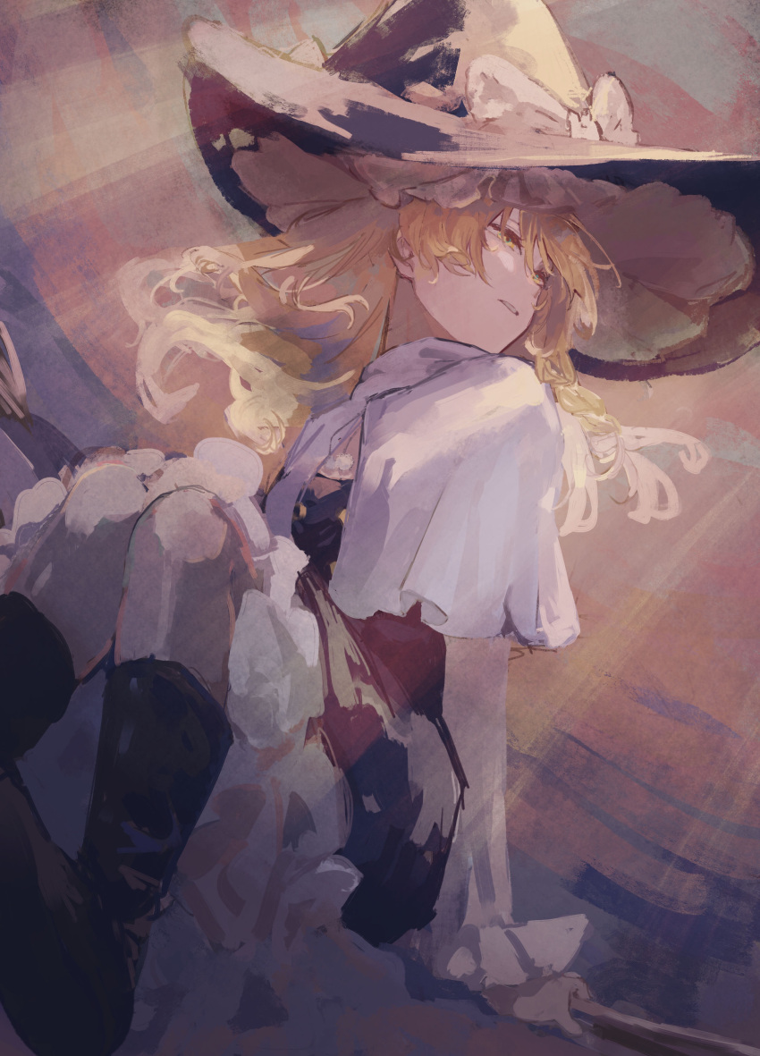 1girl absurdres black_footwear blonde_hair boots bow braid broom capelet hat highres kirisame_marisa long_hair long_sleeves sawararado side_braid solo touhou white_capelet witch_hat yellow_eyes