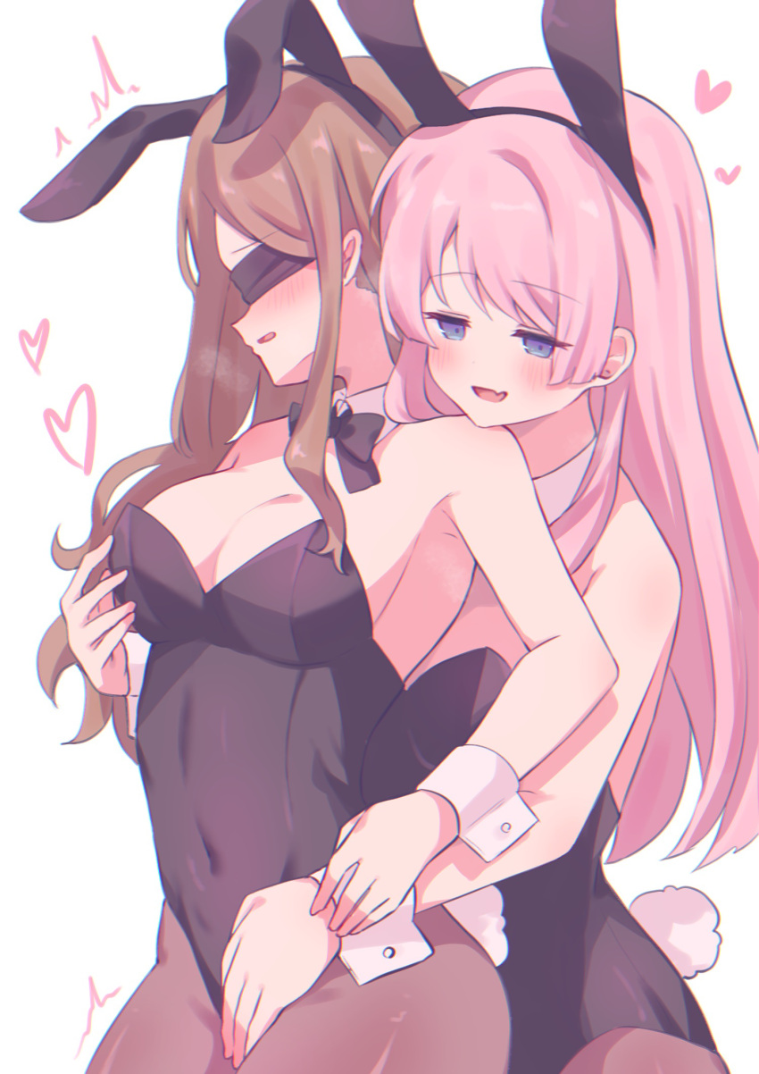 2girls animal_ears bang_dream! bang_dream!_it's_mygo!!!!! black_blindfold black_bow black_bowtie black_leotard black_pantyhose blindfold blue_eyes blush bow bowtie breasts brown_hair chihaya_anon cleavage commentary_request detached_collar fake_animal_ears fake_tail fang heart highres hug hug_from_behind leotard long_hair medium_breasts meu203 multiple_girls nagasaki_soyo open_mouth pantyhose pink_hair playboy_bunny rabbit_ears rabbit_tail sidelocks simple_background skin_fang strapless strapless_leotard tail white_background white_wrist_cuffs wrist_cuffs yuri