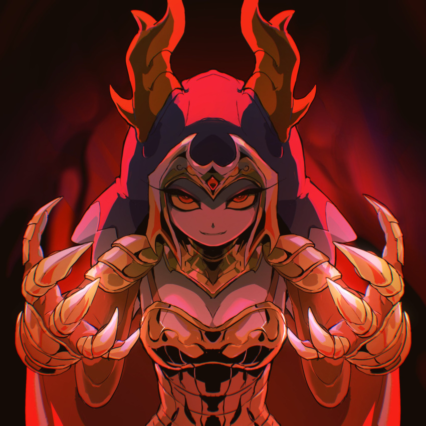1girl antlers armor breastplate cape clawed_gauntlets colored_sclera colored_skin cyany english_commentary gauntlets grey_skin grin hands_up highres horns imuthar_(cyany) looking_at_viewer monster_girl original pauldrons red_background red_eyes shoulder_armor smile solo upper_body veil yellow_sclera