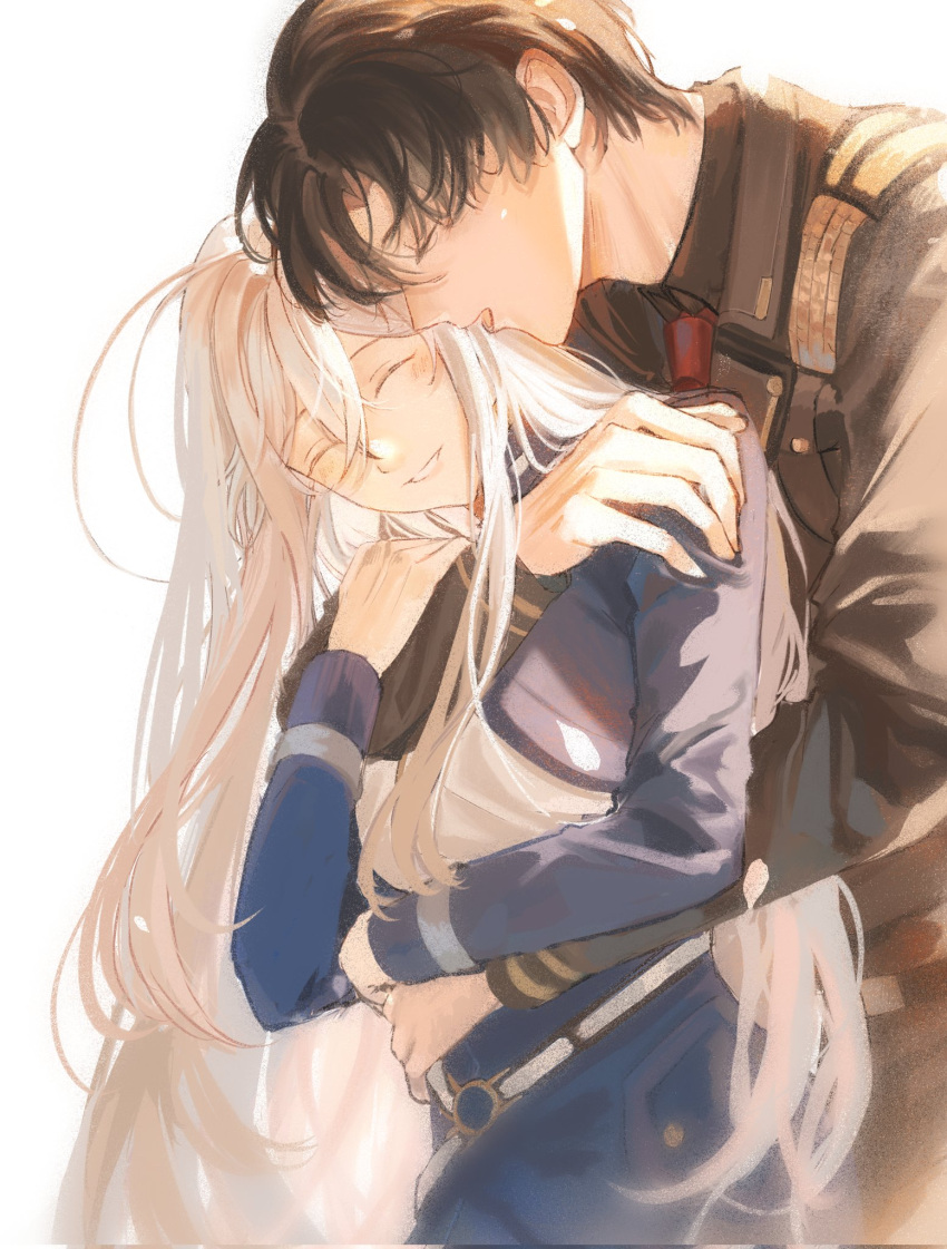 1boy 1girl 86_-eightysix- antenna_hair belt black_hair blue_jacket brown_jacket closed_eyes couple cropped_jacket grey_hair hair_between_eyes height_difference high-waist_skirt highres hug hug_from_behind jacket long_hair military_jacket military_uniform necktie o-ring o-ring_belt qian_chen red_necktie shinei_nouzen short_hair skirt smile uniform vladilena_millize white_background