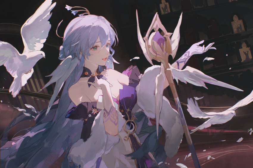 1girl aqua_eyes bare_shoulders bird breasts cleavage detached_sleeves dress earrings falling_feathers feathers gloves halo hand_on_own_chest hand_up head_wings highres honkai:_star_rail honkai_(series) jewelry long_hair looking_to_the_side open_mouth pigeon purple_dress purple_hair robin_(honkai:_star_rail) short_sleeves smile solo two-tone_dress white_dress white_gloves white_wings wings yueko_(jiayue_wu)