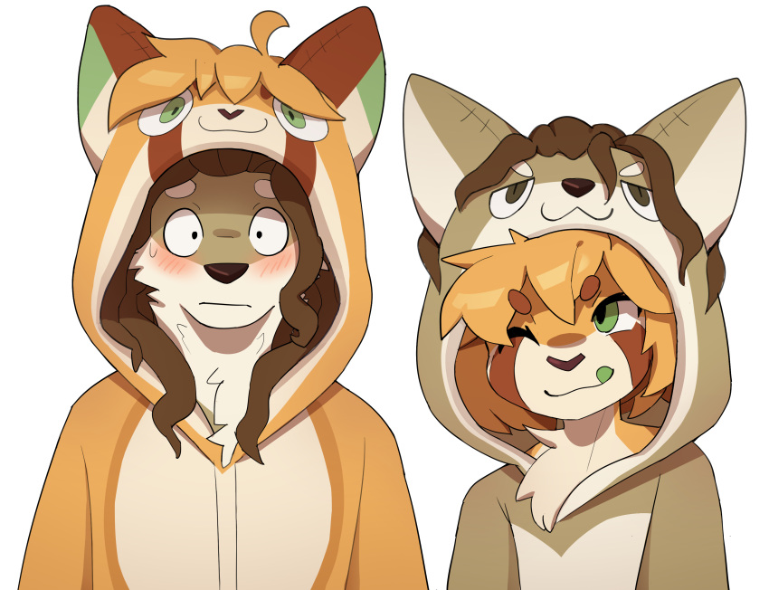 absurd_res ailurid anthro blush brown_body brown_fur canid canine canis clothing coyote domestic_dog duo flushed fur hair hi_res hoodie hybrid kigurumi long_hair male male/male mammal one_eye_closed onesie orange_body orange_fur red_panda robogooey shiba_inu spitz tongue tongue_out topwear torkle wink