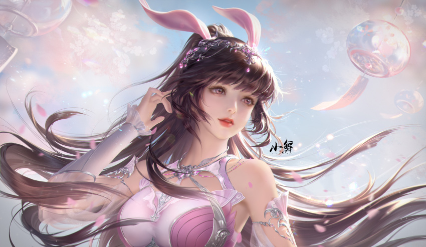 1girl absurdres animal_ears arm_up bare_shoulders blue_sky brown_hair cherry_blossoms douluo_dalu dress falling_petals floating_hair hair_ornament highres long_hair parted_lips petals pink_dress ponytail rabbit_ears second-party_source sky solo tang_xiao_ran_txr upper_body xiao_wu_(douluo_dalu)