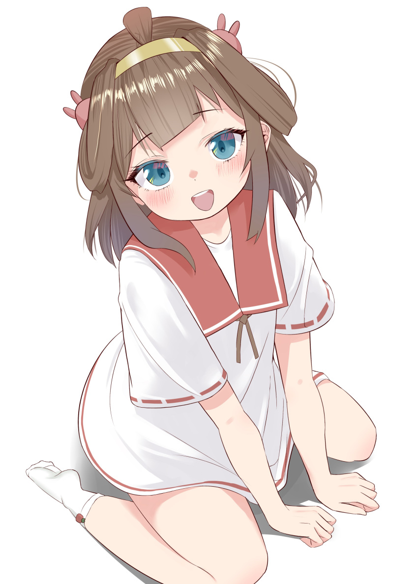 1girl absurdres aged_down alternate_costume blue_eyes blush brown_hair dress hair_ornament hairband highres kantai_collection kongou_(kancolle) long_hair looking_at_viewer open_mouth rabbit_hair_ornament red_sailor_collar sailor_collar sailor_dress sakurai_nana_(moshichi) short_sleeves simple_background sitting socks solo white_background white_socks wide_sleeves