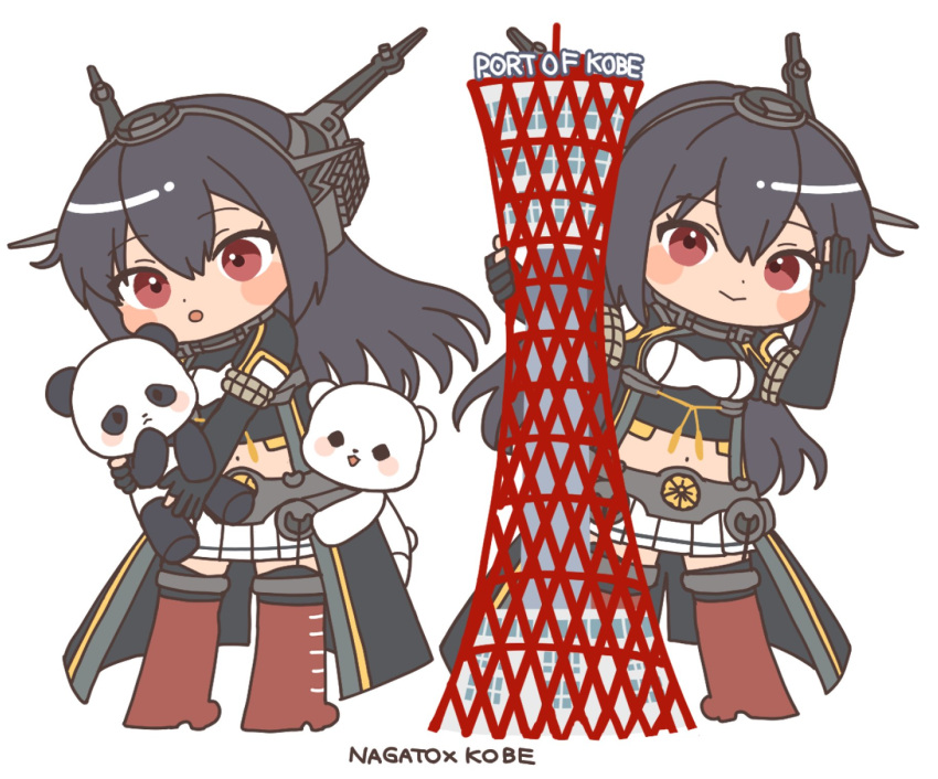 bear black_coat black_gloves black_hair boots chibi coat elbow_gloves gloves headgear highres kantai_collection kikumon kobe_port_tower long_hair machi_(ritovoyage) metal_belt nagato_(kancolle) nagato_kai_ni_(kancolle) navel panda pleated_skirt polar_bear red_eyes red_thighhighs simple_background skirt standing thigh_boots thighhighs tower waving white_background white_skirt