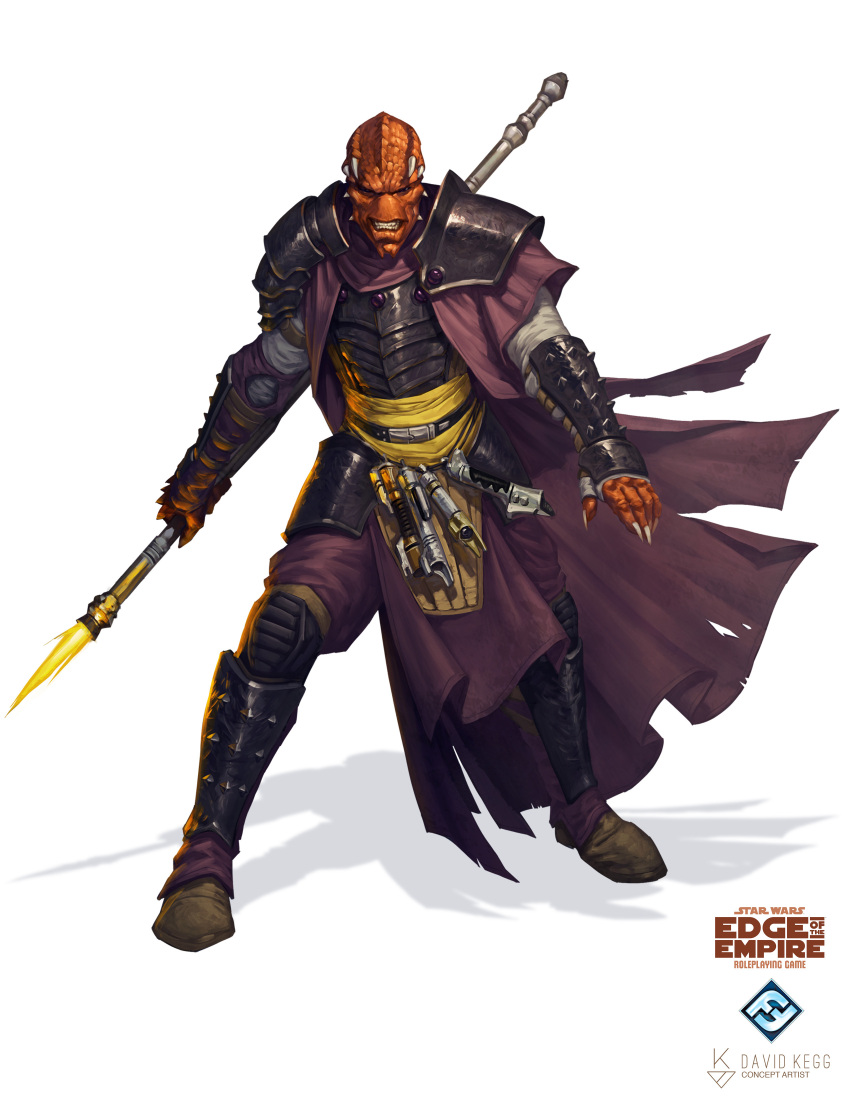 1boy absurdres alien armor artist_name belt boots breastplate claws clenched_teeth colored_skin copyright_name davidkegg energy_sword full_body highres holding holding_staff lightsaber logo morgukai orange_skin pauldrons purple_robe robe sash shoulder_armor simple_background solo staff star_wars star_wars:_edge_of_the_empire sword teeth vambraces waist_sash weapon white_background yellow_sash