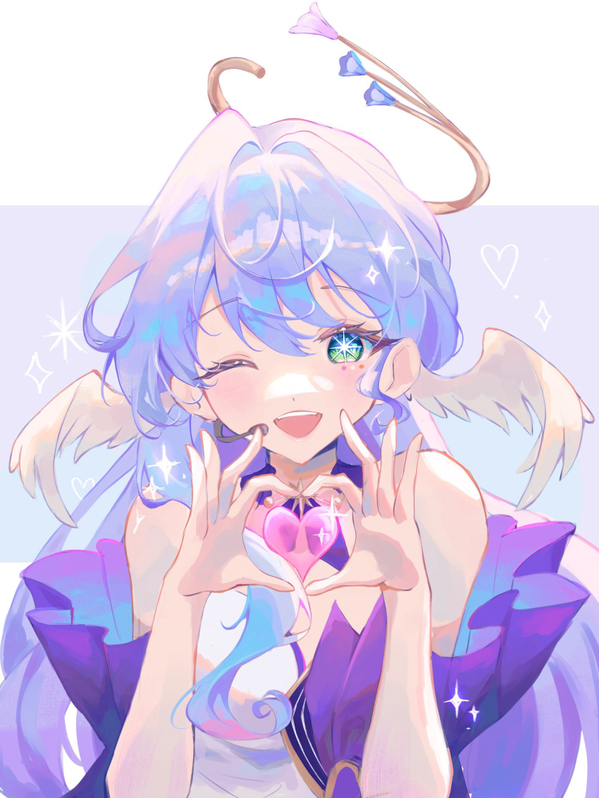 1girl ;d absurdres aqua_eyes colored_eyelashes detached_sleeves dress feathered_wings green_eyes halo happy head_wings heart heart_hands highres honkai:_star_rail honkai_(series) long_hair microphone one_eye_closed open_mouth purple_dress purple_hair purple_sleeves rain_marginals_(rainymi) robin_(honkai:_star_rail) smile sparkling_eyes white_dress wings