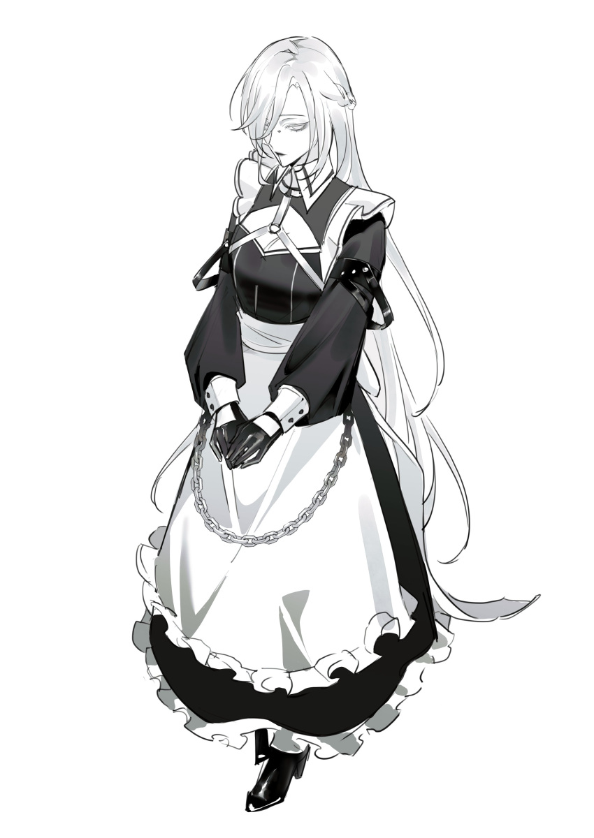 1girl absurdres apron bridge_piercing chain closed_mouth commentary_request dress full_body gloves greyscale half_updo high_heels highres long_hair long_sleeves maid maid_apron monochrome nose_piercing nox_(path_to_nowhere) path_to_nowhere piercing solo toho10min