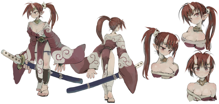 1girl breasts cleavage closed_mouth concept_art ebimomo fingernails frown full_body gaou_(stones_of_dragon) hair_ornament holding holding_sword holding_weapon horns japanese_clothes katana kimono leaning_forward looking_at_viewer multiple_views oni_horns oversized_forearms oversized_limbs pelvic_curtain ponytail red_eyes red_hair red_kimono sandals scabbard sheath sheathed simple_background standing stones_of_dragon sword weapon white_background wide-eyed