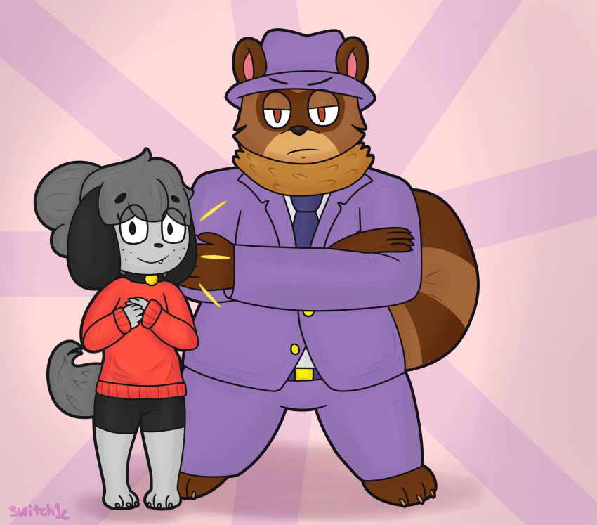 5_fingers absurd_res ambiguous_gender anthro bailey_(switch1e) canid canine canis clothing collar domestic_dog duo fingers hi_res male mammal purple_clothing raccoon_dog shih_tzu suit sweater switch1e tanuki topwear toy_dog tracey_(switch1e)