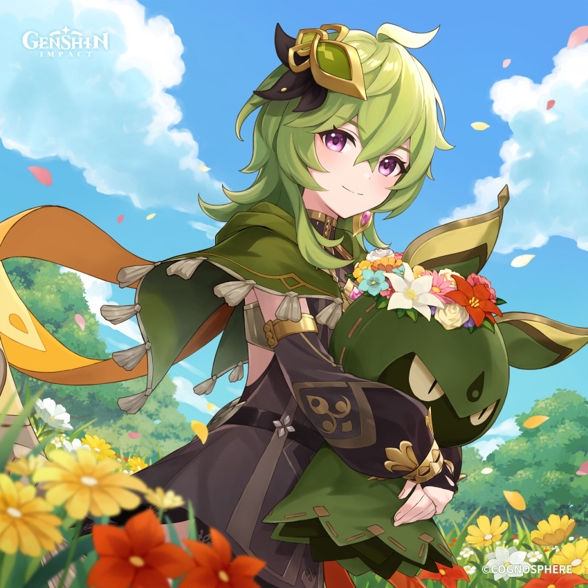 1girl absurdres black_dress blue_sky capelet cloud collei_(genshin_impact) commentary day detached_sleeves dress flower genshin_impact green_capelet green_hair hair_ornament highres holding long_hair long_sleeves looking_at_viewer official_art purple_eyes red_flower sky smile solo white_flower yellow_flower