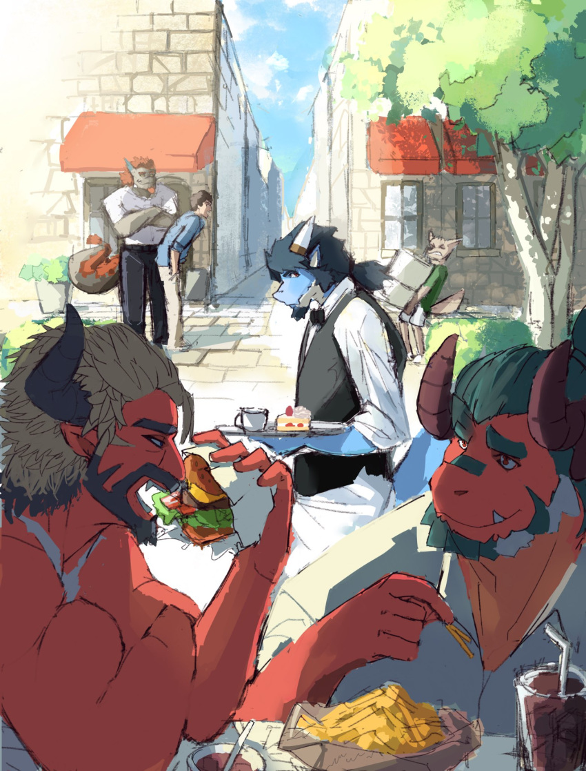 alternate_universe amorey another_eidos_of_dragon_vein_r anthro apron atmos_(anothereidos_r) barboros_(anothereidos_r) beard black_hair blue_body blue_scales bow_tie brown_body brown_scales canid canine canis clothing demon dragon eating electronics facial_hair folker_(anothereidos_r) gaia_(anothereidos_r) goatee group hair hi_res horn human humanoid jackal kobold lucifer_(anothereidos_r) male mammal modern_au mythological_creature mythological_scalie mythology red_body red_scales red_skin scales scalie selfie tan_body tan_scales teal_hair tomita_dayo waiter