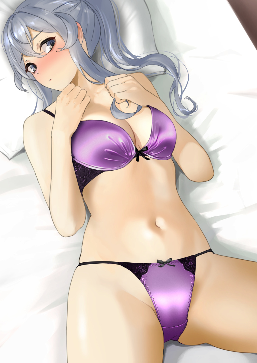 1girl absurdres blue_eyes blue_hair blush bra closed_mouth commentary_request commission embarrassed gotland_(kancolle) hair_between_eyes head_on_pillow highres kantai_collection long_hair looking_at_viewer lying mole mole_under_eye navel on_back on_bed panties pixiv_commission ponytail purple_bra purple_panties solo tama_(tamago) underwear underwear_only