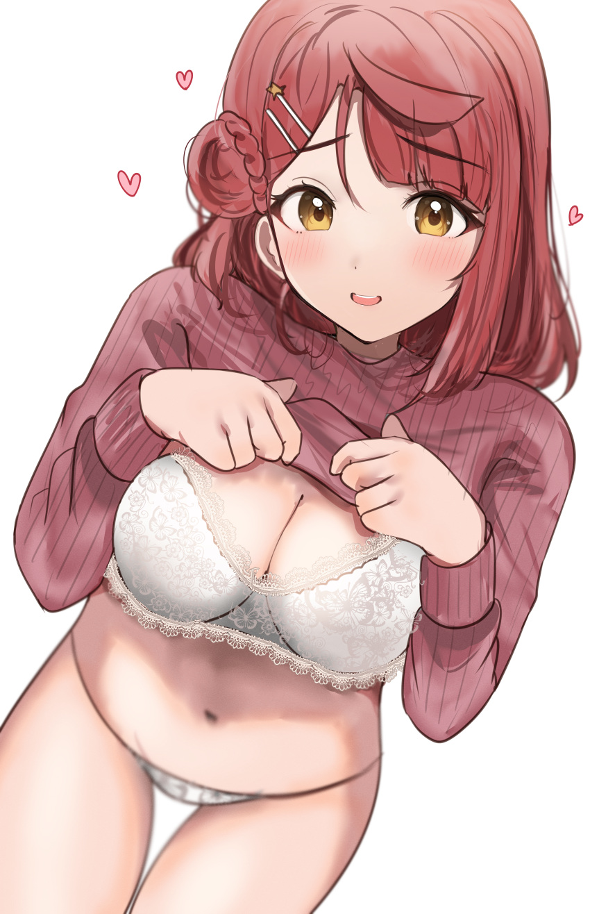 1girl absurdres blurry bra braid braided_bun breasts cleavage clothes_lift commentary_request hair_bun hair_ornament hairclip heart highres lace-trimmed_bra lace-trimmed_panties lace_trim large_breasts lifted_by_self long_sleeves looking_at_viewer love_live! love_live!_nijigasaki_high_school_idol_club medium_hair navel open_mouth panties red_hair red_sweater simple_background single_hair_bun single_side_bun smile solo sunya_(honorin-yuunibo) sweater sweater_lift teeth uehara_ayumu underwear upper_teeth_only white_background white_bra white_panties yellow_eyes