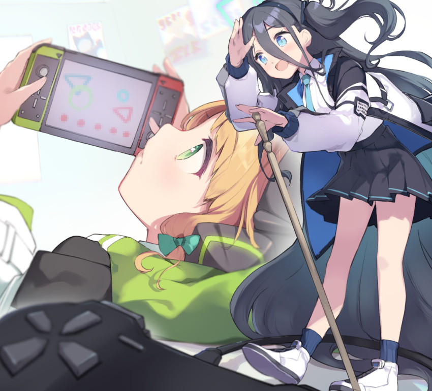 2girls absurdly_long_hair animal_ear_headphones animal_ears aris_(blue_archive) black_hair black_hairband black_skirt black_socks blonde_hair blue_archive blue_eyes bow closed_mouth collared_shirt fake_animal_ears green_bow green_eyes hair_bow hairband handheld_game_console headphones highres holding holding_handheld_game_console jacket long_hair long_sleeves midori_(blue_archive) miya_kazutomo multiple_girls one_side_up open_mouth playing_games pleated_skirt shirt shoes short_hair skirt smile socks very_long_hair white_footwear white_jacket white_shirt