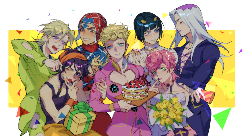 1girl 6+boys absurdres aqua_eyes arm_grab bare_shoulders black_hair blonde_hair blue_eyes blue_jacket blunt_bangs border bouquet box brown_eyes bruno_bucciarati cake chinese_commentary cleavage_cutout closed_eyes clothing_cutout collared_jacket commentary_request curly_hair eating flower food food_in_mouth gift gift_box giorno_giovanna grabbing_another's_ear green_eyes green_jacket guido_mista hairband hand_on_another's_ear hat highres holding holding_bouquet holding_plate jacket jojo_no_kimyou_na_bouken lccc leone_abbacchio long_hair looking_at_another male_focus multiple_boys narancia_ghirga open_mouth orange_hairband outside_border pannacotta_fugo pectoral_cleavage pectorals pink_hair pink_jacket plate purple_eyes purple_lips red_hat short_hair simple_background smile standing trish_una tulip turtleneck vento_aureo white_border white_hair wristband yellow_background yellow_flower yellow_tulip